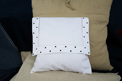 Hemstitch Baby Envelope Pillow 12"x12" Black Polka Dots. - Click Image to Close